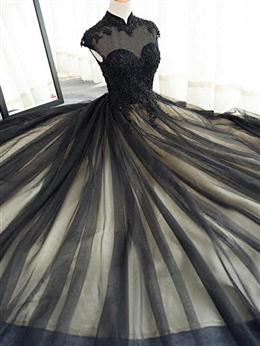 Picture of Elegant High Neck Swee Train Rhinestone Prom Dresses, Black Color Formal Dresses